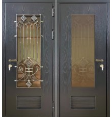 Входная дверь МДФ с остеклением, кованой решеткой и вентиляцией для котельной